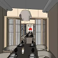 Japanese Style Private Dining Room With Mountain Artwork Dining Table And Pendant Lights