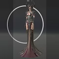Woman In Elegant Black Gown With Intricate Metal Accents And Circular Background Elements
