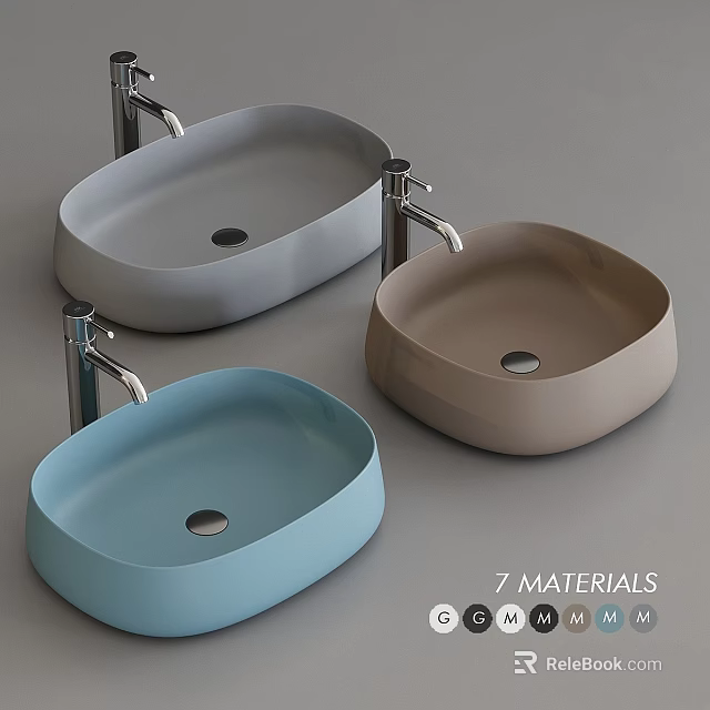 Stylish Gray Blue And Brown Washbasins With Modern Faucets 7 Materials 3d model 