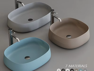 Stylish Gray Blue And Brown Washbasins With Modern Faucets 7 Materials 3d model