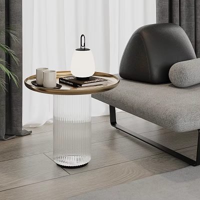 Modern Round Side Table With Wooden Top Transparent Ribbed Stand White Lamp Beside Gray Sofa 3d model
