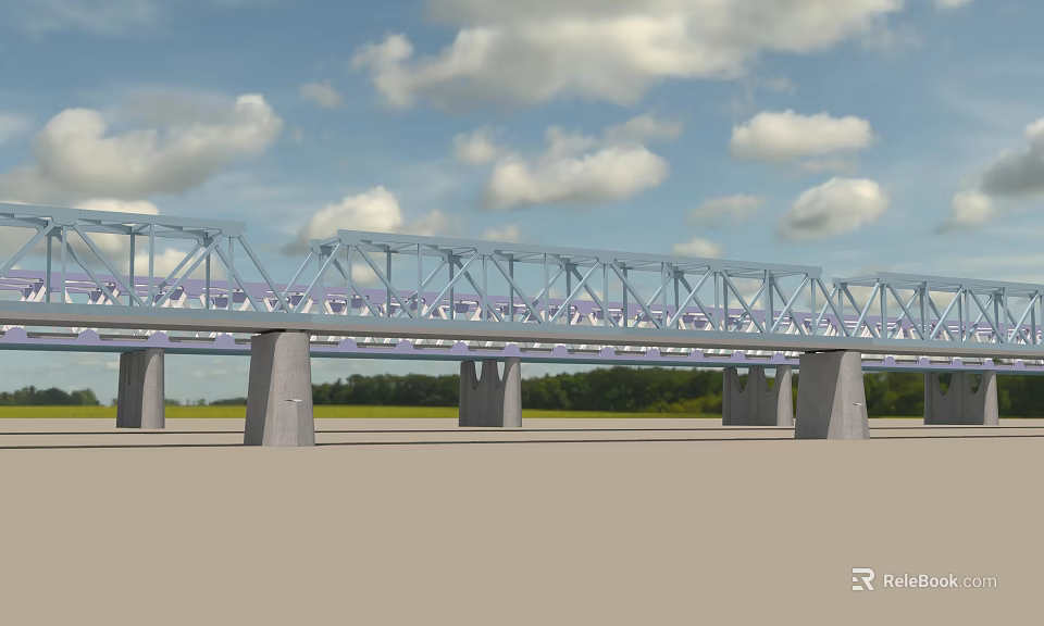 Modern Steel Frame Bridge with Piers Under Blue Sky White Clouds and Distant Green Trees 3d model 