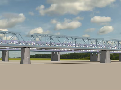 Modern Steel Frame Bridge with Piers Under Blue Sky White Clouds and Distant Green Trees 3d model