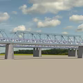 Modern Steel Frame Bridge with Piers Under Blue Sky White Clouds and Distant Green Trees
