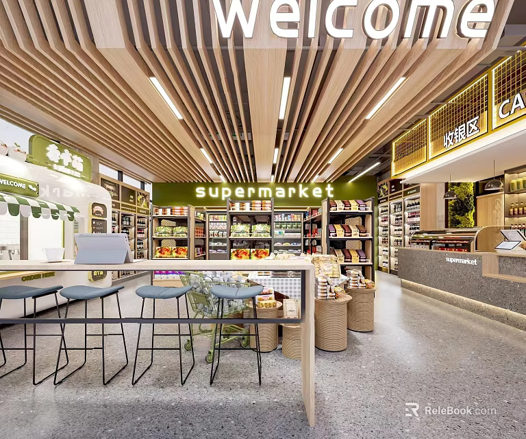 Modern Supermarket Interior With Welcome Sign Shelves Products Checkout Counter And Stools 3d model 