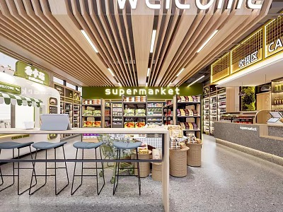 Modern Supermarket Interior With Welcome Sign Shelves Products Checkout Counter And Stools 3d model