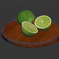 Fresh Whole and Sliced Limes Displayed on a Wooden Tray with Dark Background
