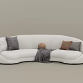 White Curved Two Seater Sofa With Patterned And Solid Color Pillows Blanket And Decorative Ball 3d model