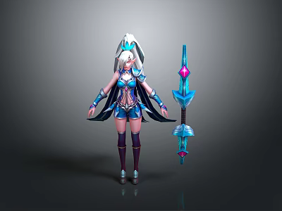 Man In Blue And Purple Outfit Holding Decorative Sword With Blue Pink Accents 3d model