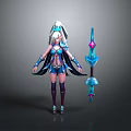 Man In Blue And Purple Outfit Holding Decorative Sword With Blue Pink Accents