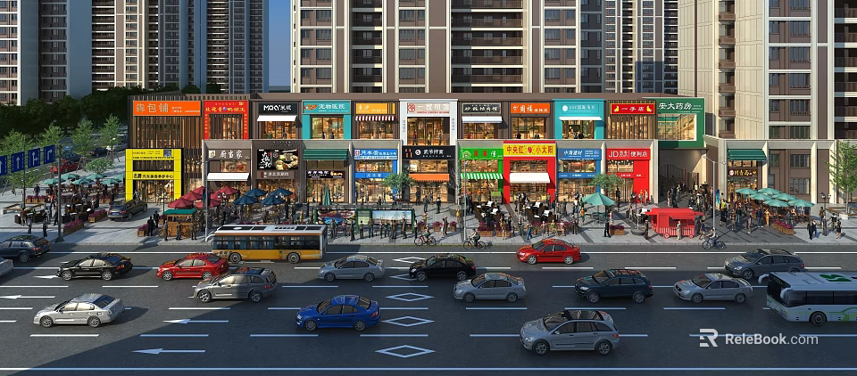 Bustling Commercial Street With High Rise Buildings Colorful Storefronts Pedestrians And Vehicles 3d model 