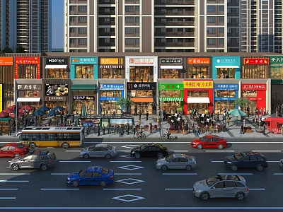 Bustling Commercial Street With High Rise Buildings Colorful Storefronts Pedestrians And Vehicles 3d model