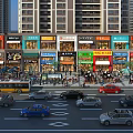 Bustling Commercial Street With High Rise Buildings Colorful Storefronts Pedestrians And Vehicles