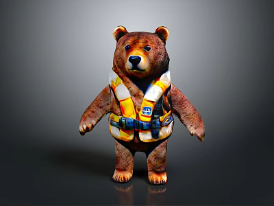 Brown Bear Character Wearing Yellow Life Jacket Standing On Gray Background 3d model