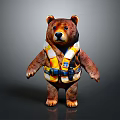 Brown Bear Character Wearing Yellow Life Jacket Standing On Gray Background 3d model