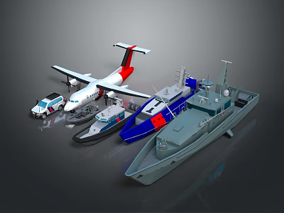 Detailed Scale Transportation Models Including Airplane And Various Boat Types 3d model