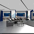 Modern Bright Interior With Gray Curved Sofa Round Coffee Table And Blue Panels 3d model