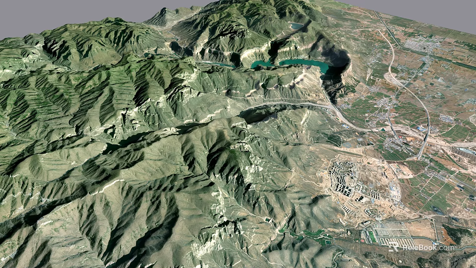 Comprehensive Aerial Planning for Mountainous Landscape with Green Lake Roads and Topographic Details 3d model 