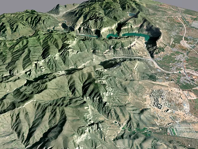 Comprehensive Aerial Planning for Mountainous Landscape with Green Lake Roads and Topographic Details 3d model