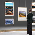 Art Exhibition Hall Featuring Curved Wooden Frames Hanging Landscape Paintings And A Viewer