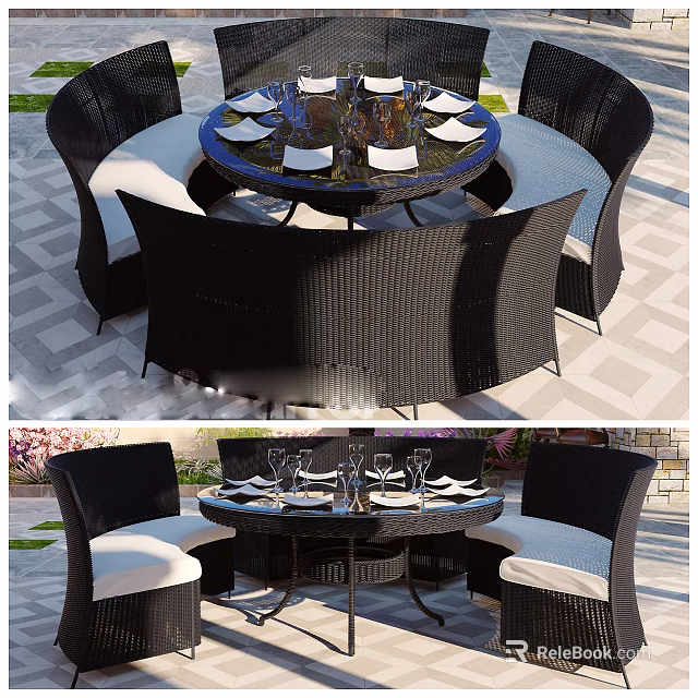 Round Wicker Dining Table Set With Black Chairs White Cushions And Tableware For Outdoor Use 3d model 