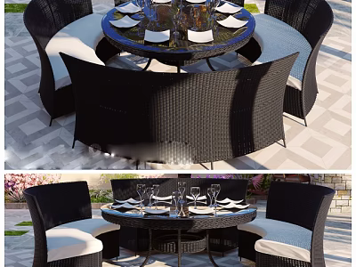 Round Wicker Dining Table Set With Black Chairs White Cushions And Tableware For Outdoor Use 3d model