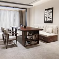Modern Wooden Table And Chairs Set In Living Room With Sofa Bookshelf And Wall Art