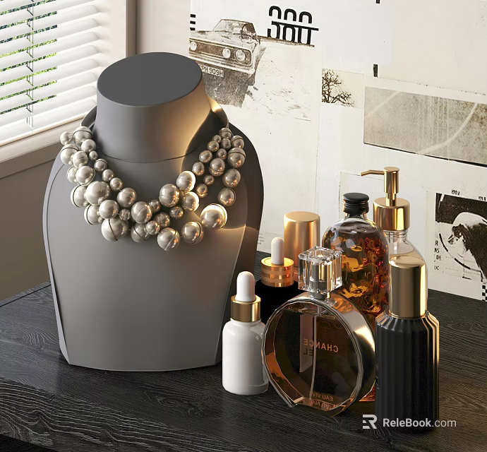 Elegant Pearl Necklace Display On Gray Jewelry Mannequin With Perfume Bottles On Table 3d model 