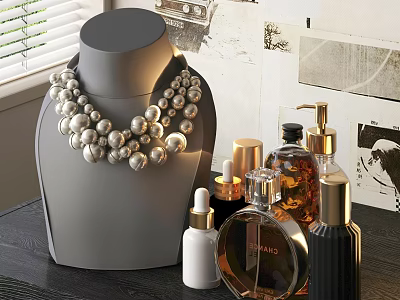 Elegant Pearl Necklace Display On Gray Jewelry Mannequin With Perfume Bottles On Table 3d model