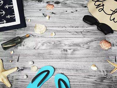 Marine Animals Inspired Beach Display With Seashells Starfish Flip Flops And Wooden Background 3d model