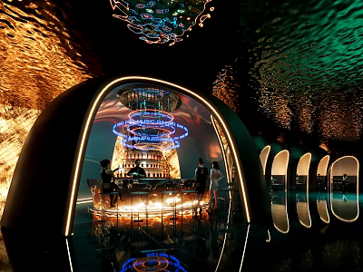 Futuristic Bar Interior With Neon Lights And Arched Structure 3d model