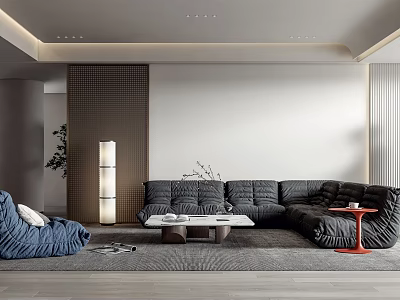 Modern Living Room Interior With Gray Sectional Sofa Blue Accent Chair And White Coffee Table 3d model