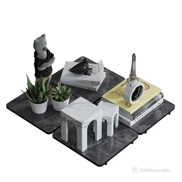 Stylish Decorative Ornament Set With Green Plants Eiffel Tower Model Alarm Clock And Marble Stools 3d model 