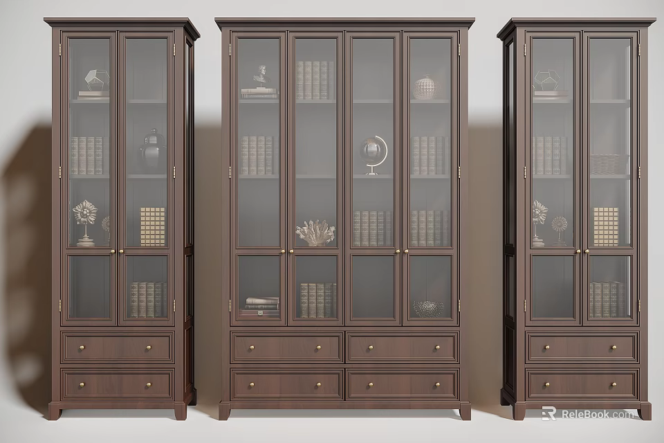 Dark Brown Wooden Bookcases With Glass Doors Drawers And Books Globe Sculptures Vases 3d model 