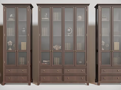 Dark Brown Wooden Bookcases With Glass Doors Drawers And Books Globe Sculptures Vases 3d model