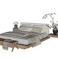 Modern Double Bed with Wooden Frame Beige Bedding Bedside Lamp End Bench and Vase