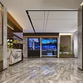 Modern Restaurant Lobby With Marble Reception Counter Wine Racks And Green Plants
