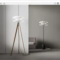 Modern Floor Lamp with Wooden Tripod Base and White Multi Layered Shade in Minimalist Interior