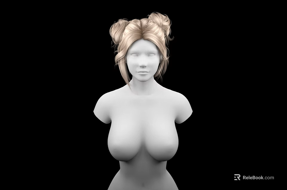 Game Movie Female Character With Blonde Double Bun Hairstyle And Upper Body On Black Background 3d model 