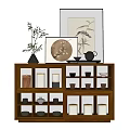 Elegant Wooden Sideboard With Decorative Paintings Vase And Tea Sets Storage