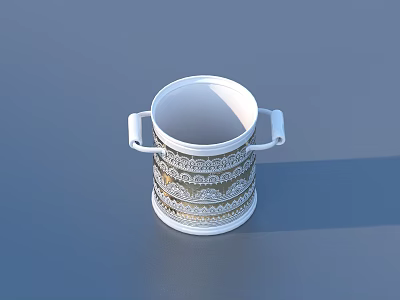 White Stackable Cup With Double Handles And Golden Patterns For Daily Use 3d model