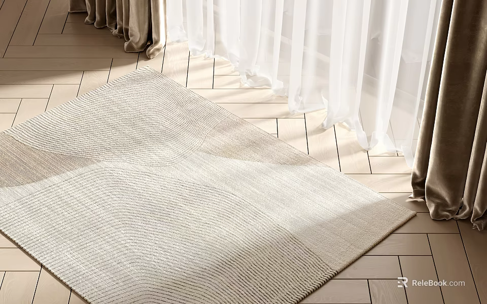Light Colored Square Rug With Woven Texture On Wooden Floor Near White Curtains 3d model 