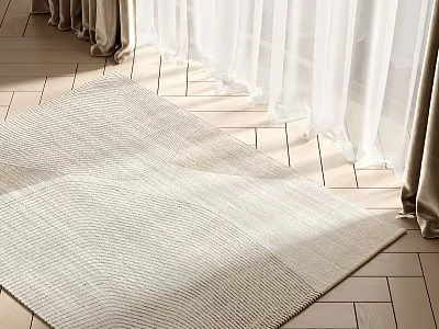 Light Colored Square Rug With Woven Texture On Wooden Floor Near White Curtains 3d model