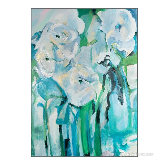 Abstract Oil Painting of White Flowers in Blue Vase with Green Leaves 3d model 