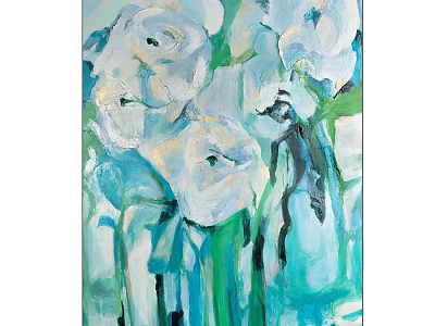 Abstract Oil Painting of White Flowers in Blue Vase with Green Leaves 3d model