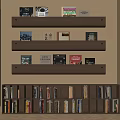 Modern Bookshelf Unit With Layered Wall Shelves And Closed Cabinet Filled With Books