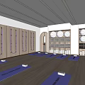 Modern Yoga Studio With Purple Mats Hanging Resistance Bands Yoga Balls And Wooden Floors