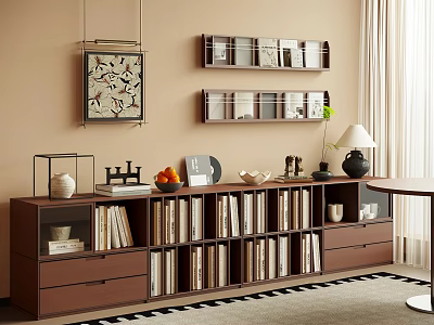 Modern Interior With Wooden Bookcase Books Decorative Items Wall Shelves And Lamp 3d model