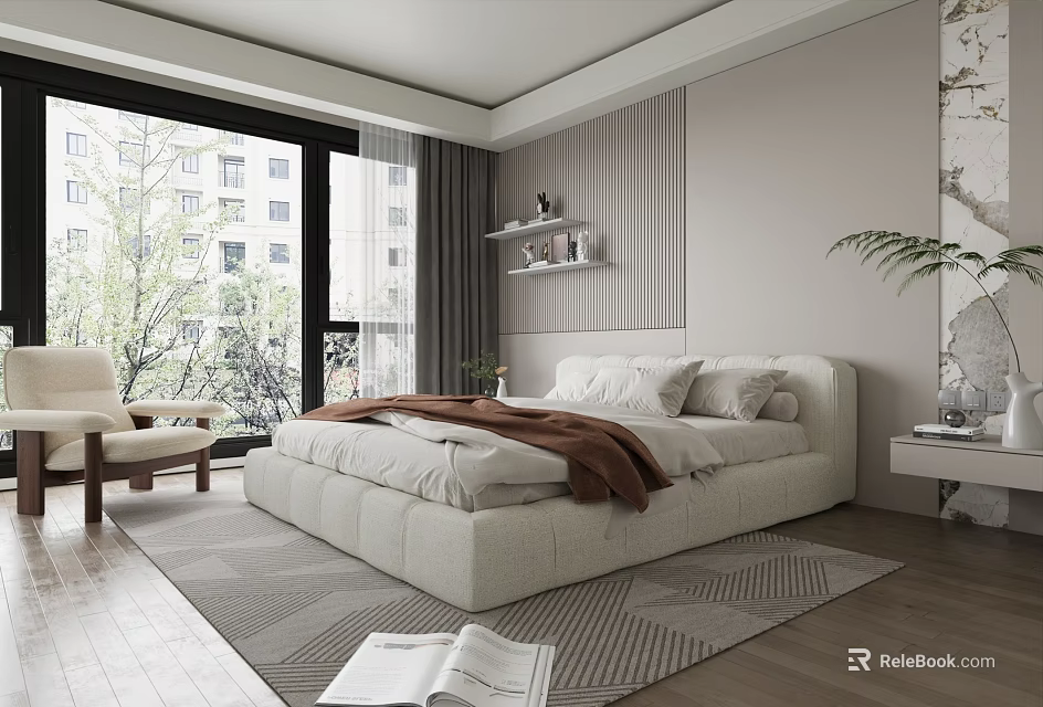 Modern Minimalist Bedroom Interior With White Bed Large Window Striped Wall And Area Rug 3d model 