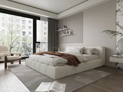 Modern Minimalist Bedroom Interior With White Bed Large Window Striped Wall And Area Rug 3d model